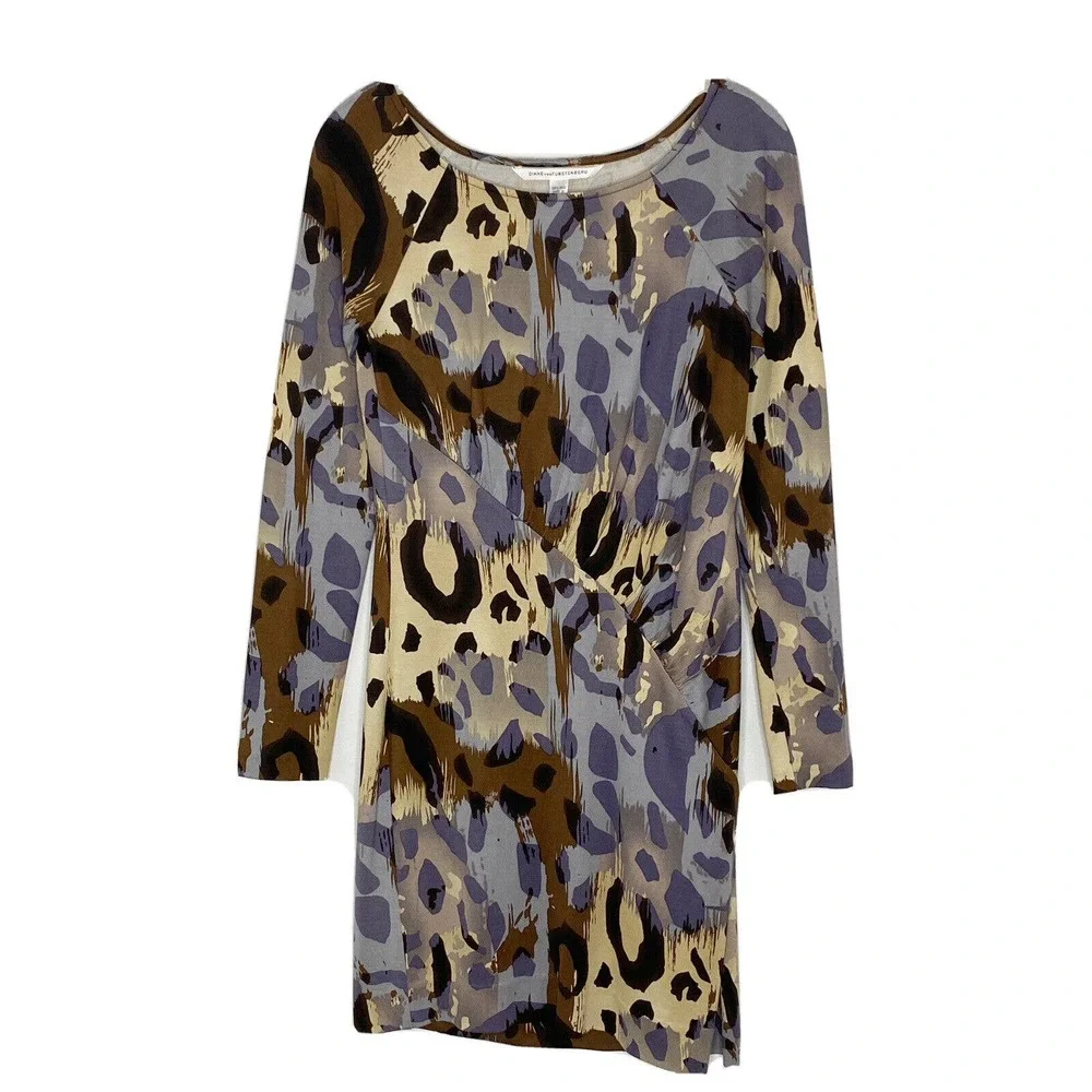 Diane Von Furstenberg Brown Animal Print 100% Silk Long Sleeve Mini Dress Size 4 - Picture 1 of 5